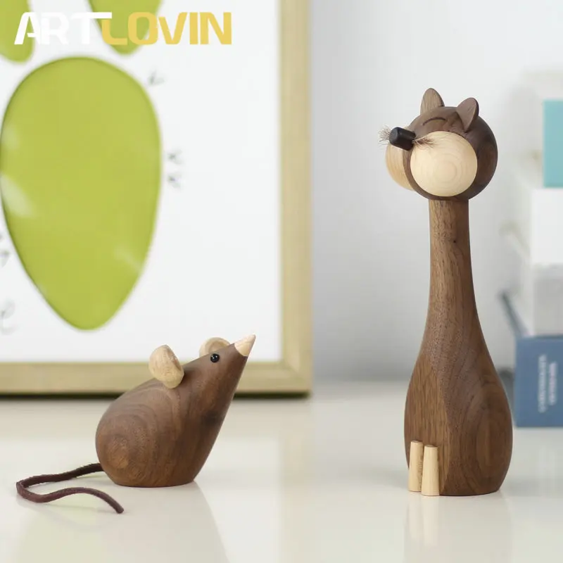 

Creative Wooden Cat and Mouse Figurines Dolls New Lovely Wood Animal Figures Walnut Ornaments For Modern Luxury Home Decoration