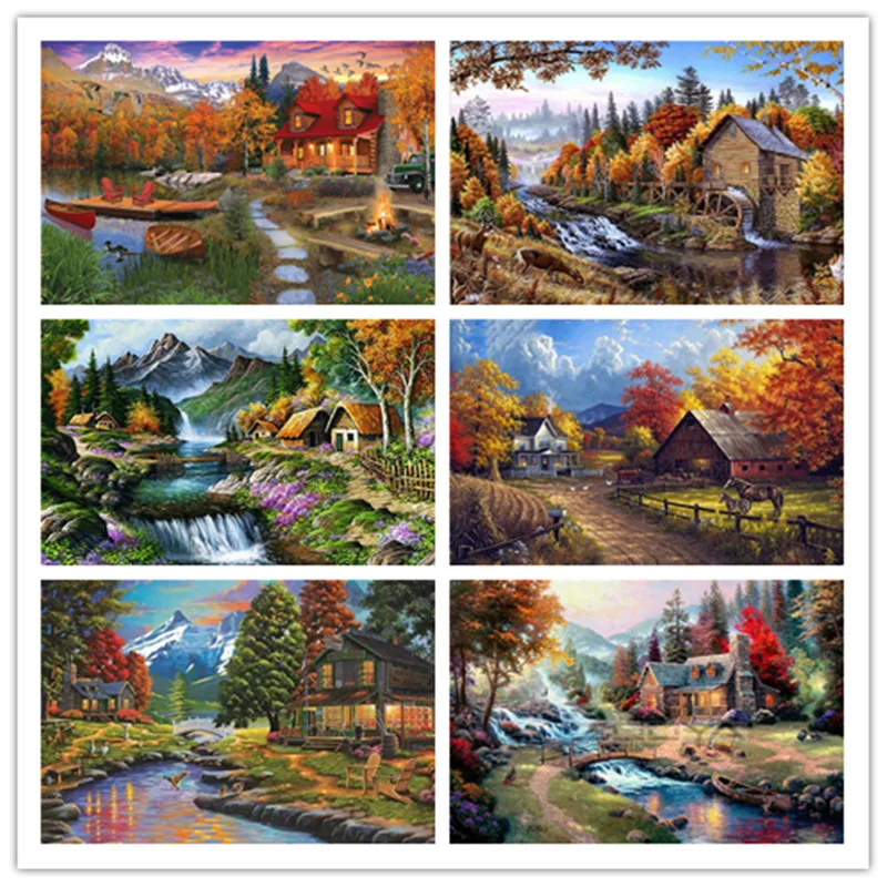 5D Diamond Painting DIY House Full Cross Stitch Kits Embroidery Lake Needlework Sets Handicraft Autumn Decoration | Дом и сад