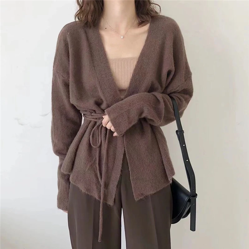 Women Sweaters Autumn Winter Cardigans Batwing Sleeve Lace Up Knitted Open Stitch Female Minimalist Style Loose Knit Tops