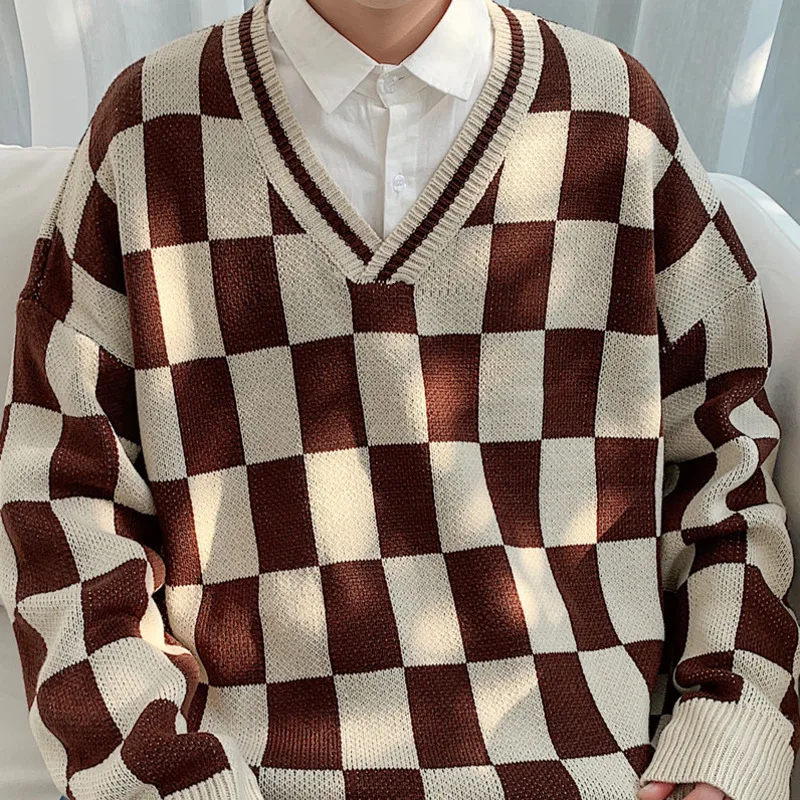 Autumn Plaid Sweater Men Warm Fashion Contrast Casual V-neck Knit Sweter Clothes Man Streetwear Wild Long Sleeve Pullover Men