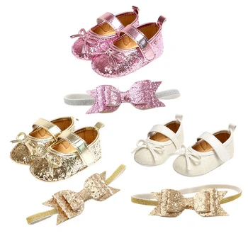 

Baby Girl Princess Shoes Soft Soled Non-slip Footwear Butterfly-knot Shiny PU Crib Shoes Headband 2pcs Set 0-18M New