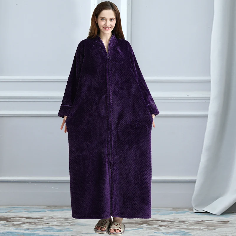 Women No Hood Purple Женский зимний халат размера плюс, длинный теплый фланелевый Халат с капюшоном, 40-110 кг, банный халат на молнии, ночной халат для беременных, Мужская одежда для сна - Цвет: Women No Hood Purple