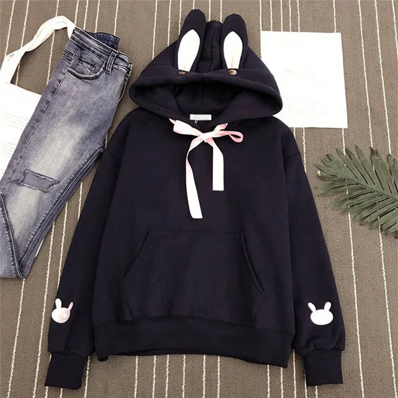Jaycosin Kawaii толстовки женские кроличьи уши Толстовка уличная осень зима теплый флис Свободный пуловер с капюшоном топы