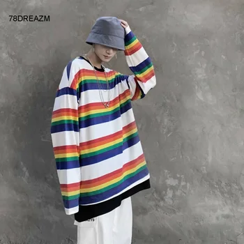 

Hip Hop T Shirts men Long Sleeve Striped tshirt Streetwear Casual Men tee shirt 2020 Streetwear Men Patchwork Cotton T-shirt