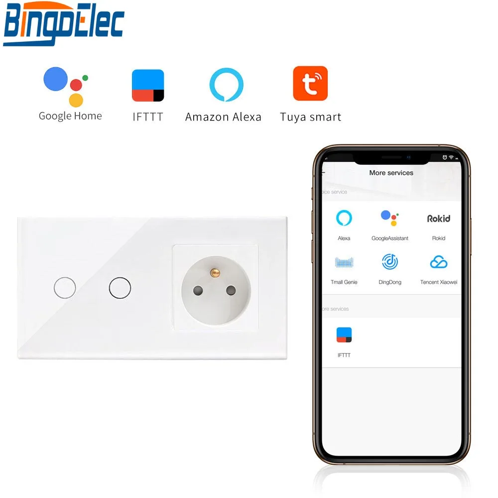 

Bingoelec WiFi 2 Gang 1 Way Touch Switch With French Socket Waterproof Glass Panel Switches Work By Alexa, Google,Tuya App