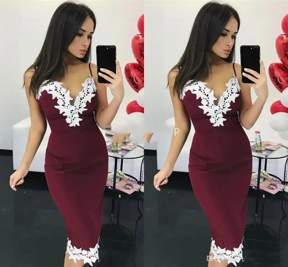 

Sexy Dark Red Mermaid Cocktail Dresses 2020 Spaghetti Straps Appliques Fitted Arabic Prom Party Gowns Cheap robe de soiree