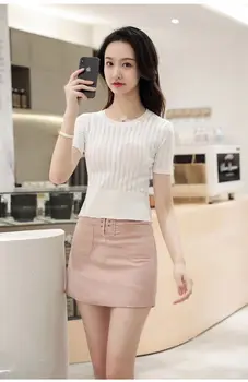 

Light luxury fashionable silk wool bottoming shirt round neck vertical pit stripe high elastic women's slim knit