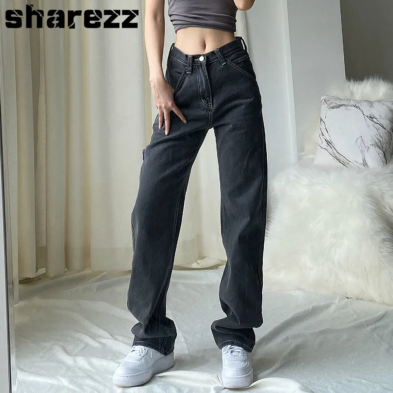 

Sharezz New Light Blue Washed Retro High Waist Straight Overalls Long Loose Wide Leg Jeans For Women 2020 Spring And Summer