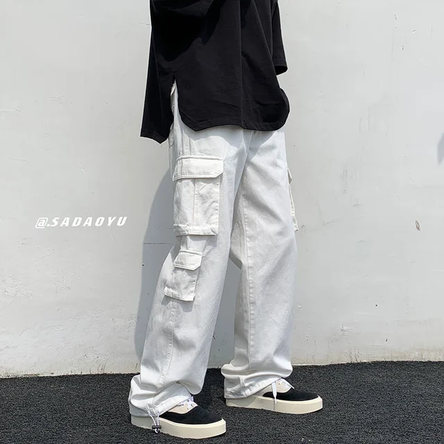 White Black Cotton Cargo Pants Men Fashion Multi-pocket Casual Pants Men Streetwear Loose Hip-hop Straight Pants Mens Trousers White