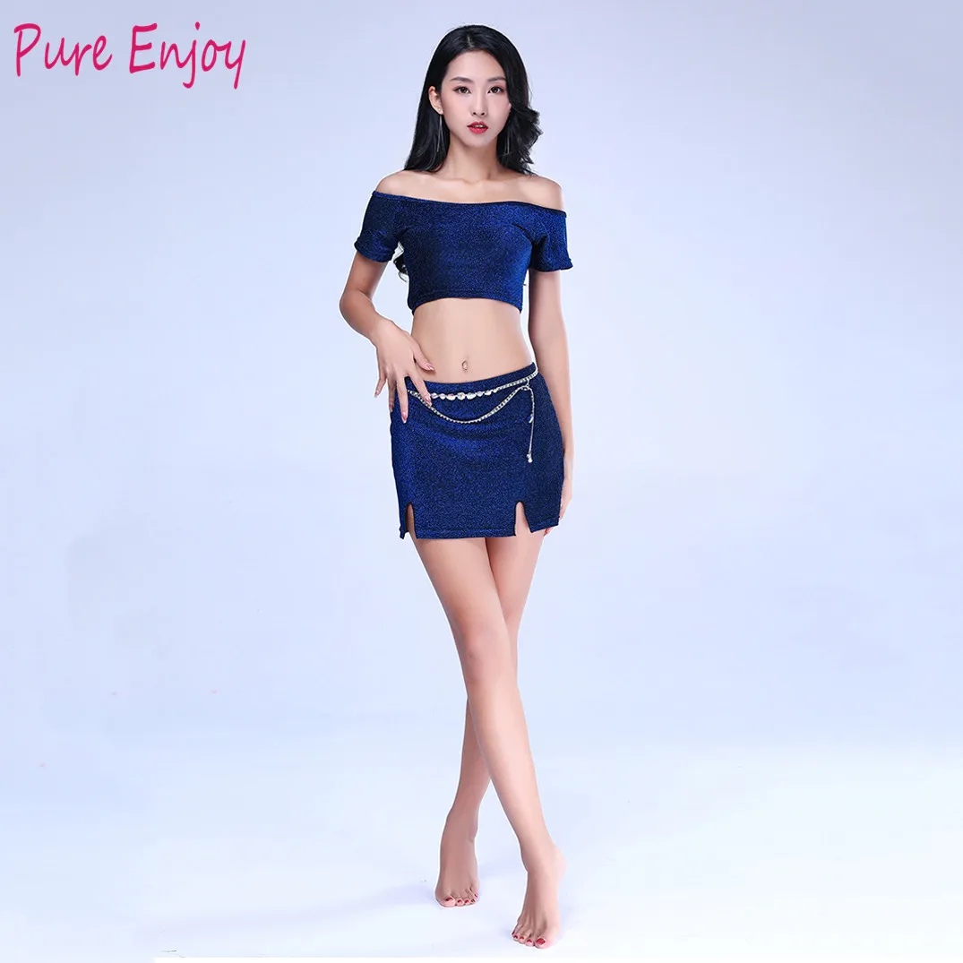 Women belly dance Team Dance Outfit Oriental Dance Practice Clothes Show round neck short skirt 2pcs dance suit 4 colors - Цвет: Синий