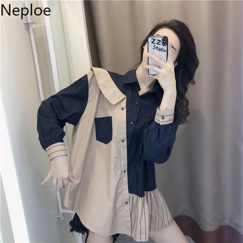 Neploe Contrast Color Patchwork Striped Blouse Autumn Spring New Retro Single Breast Pocket Blusas Pleated Loose Shirt48215