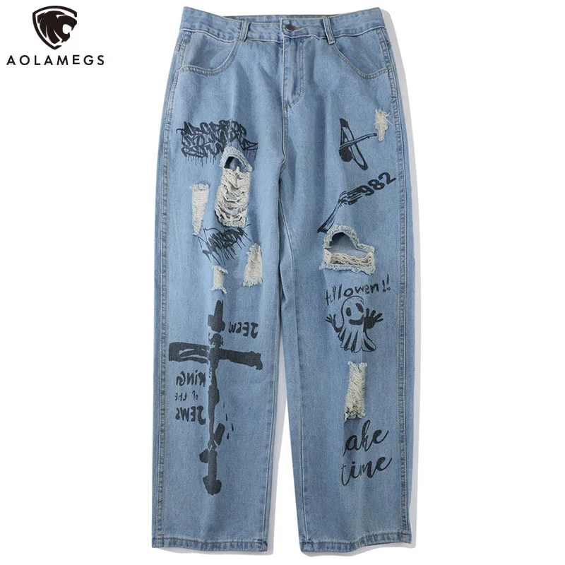 Aolamegs Jeans Men Gothic Letter Graffiti Printed Hole Ripped Denim