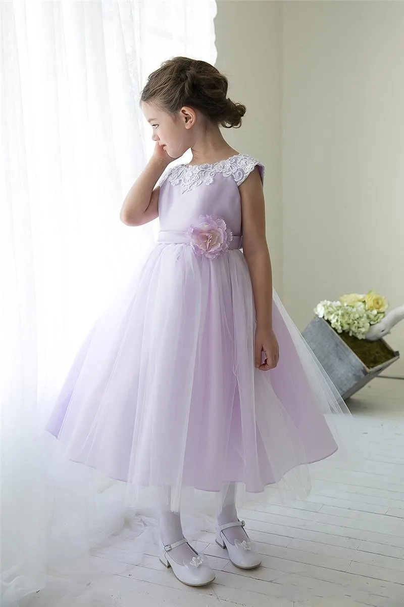 Lovely White Flower Girls Dresses Tea Length Embroidery Handmade Flowers Cheap Little Girls Formal Gown GL