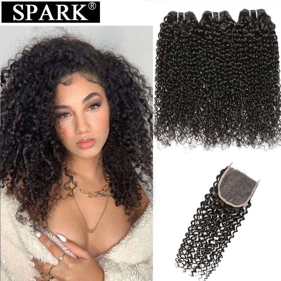 Spark Human Hair Brazilian Afro Kinky Curly Weave Bundles 3 Bundles with Closure Remy Human Hair Extensions  Hair Weaving