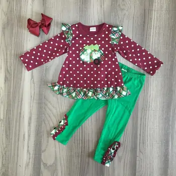 

baby Girl winter clothes girls christmas outfits girls wine red top with green trousers girls outfits with bow