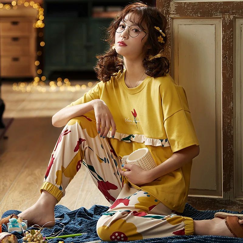 

Pajamas Female Summer 6535 Knitted Cotton Short Sleeve Korean-style Women's Japanese Korean Thin Tracksuit Spring And Autumn Tro