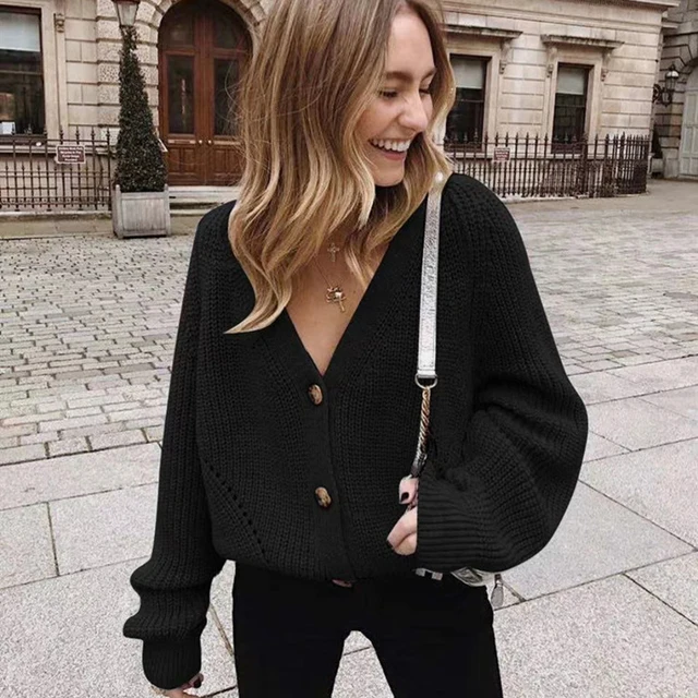 Zoki damskie kardigany z dzianiny sweter moda jesień z długim rękawem luźny płaszcz Casual Button gruby V Neck jednolity, damski topy 2021 2