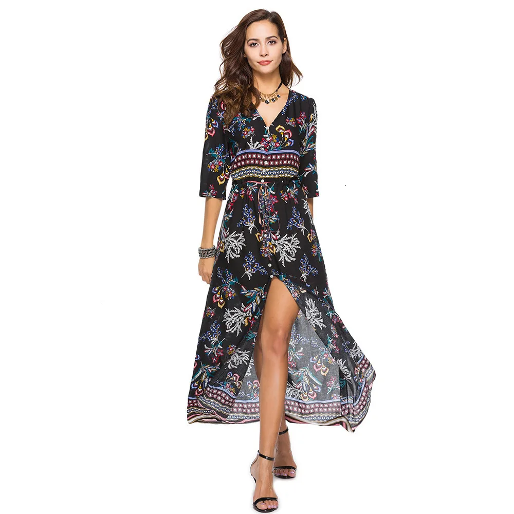 

Bohemian Strand Lange Jurk Vrouwen Zomer Jurk V-hals Robe Longue Femme Vintage Maxi Bloemen Jurk Vestidos Vele Paterns