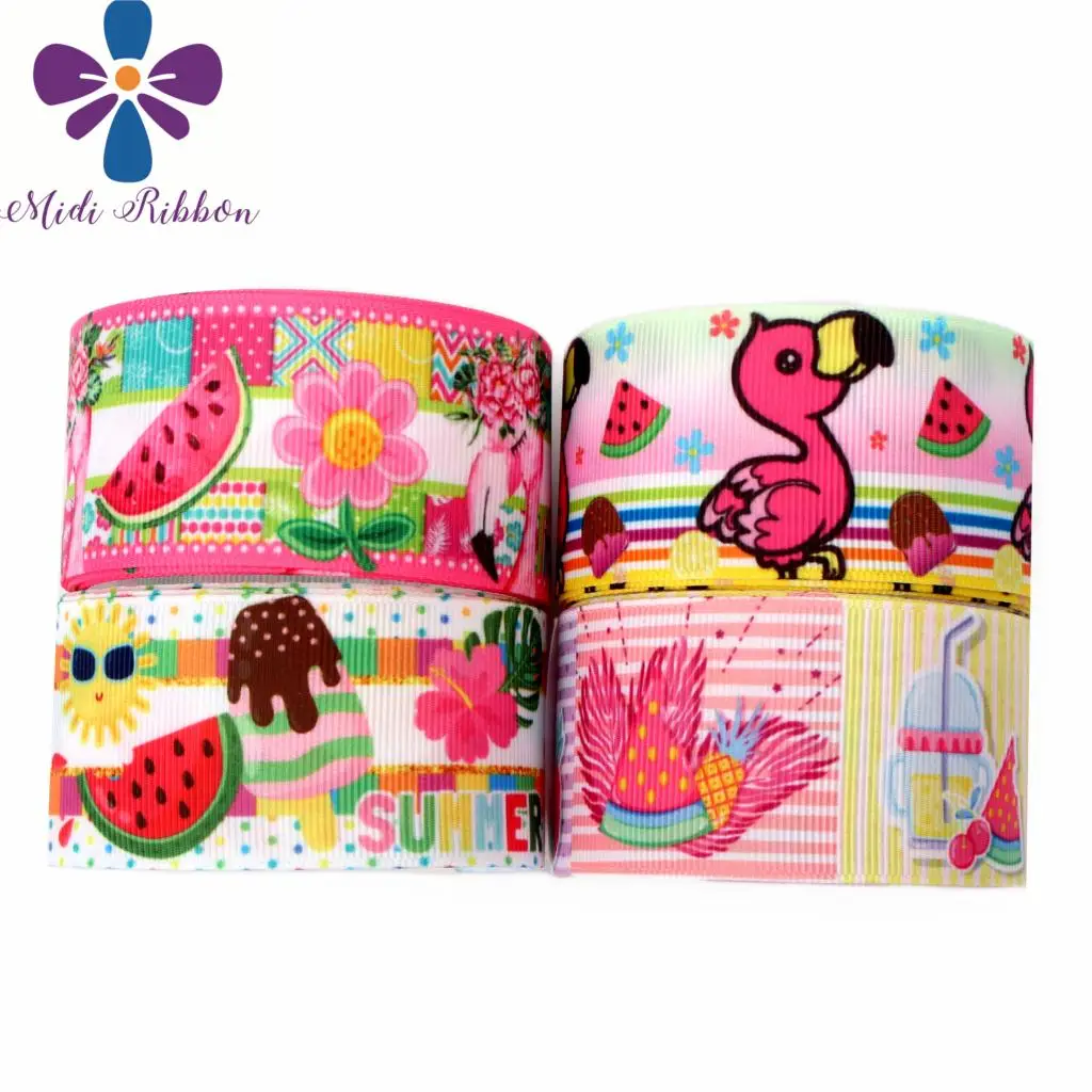 

16mm-75mm Summer Series Pink Flamingo Watermelon Little Flower Printed Grosgrain/Foe Ribbon DIY Hair Bowknots 50yards/roll