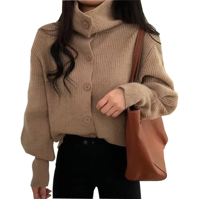 

New 2021 Women's Sweaters Spring Turtleneck Fashionable Buttons Oversize Short Cardigans Knitwear Coat Lady Loose Sweaters CL850