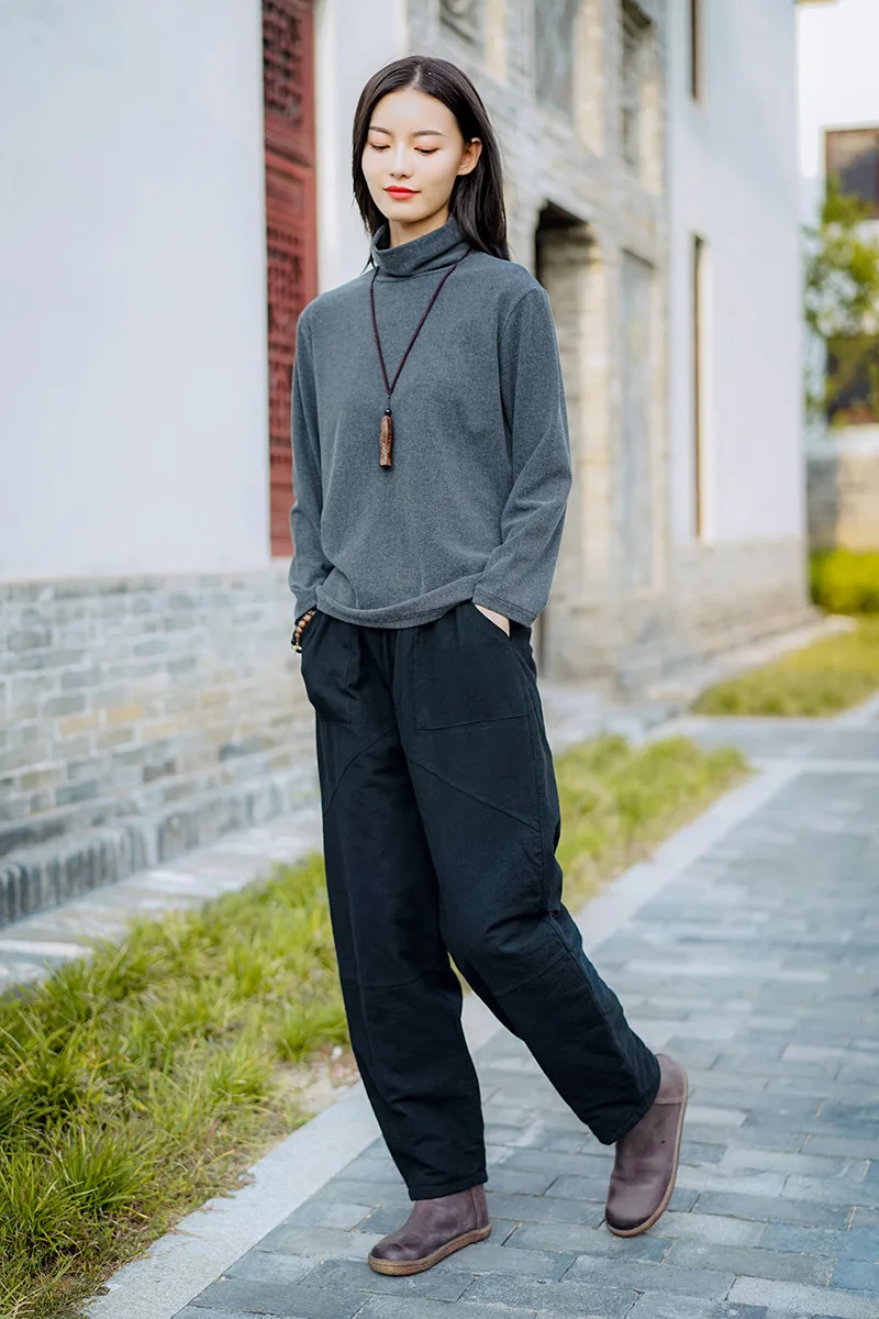 Women Autumn Winter Patchwork Elastic Waist Pants Ladies Vintage Spliced Retro Pants Female Cotton Linen Trousers