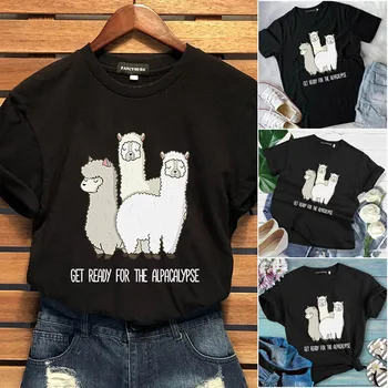 

Cute Alpaca Printed Llama Cotton T Shirt Women Summer Short Sleeve Graphic Tops Oversize Round Neck Tumblr Funny Animals Tshirt