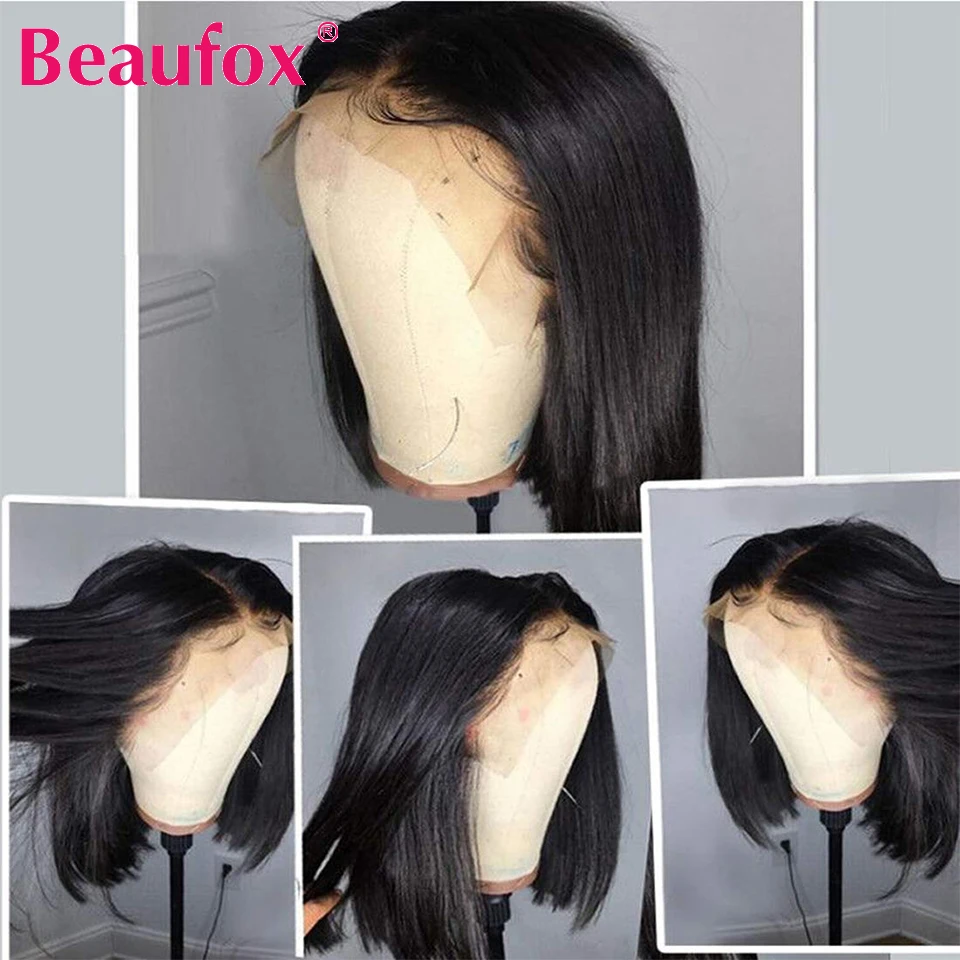 Beaufox 13*4 короткие кружевные передние человеческие волосы парики боб парики для черных женщин 150% перуанские прямые волосы парик предварительно выщипанные Remy Парики
