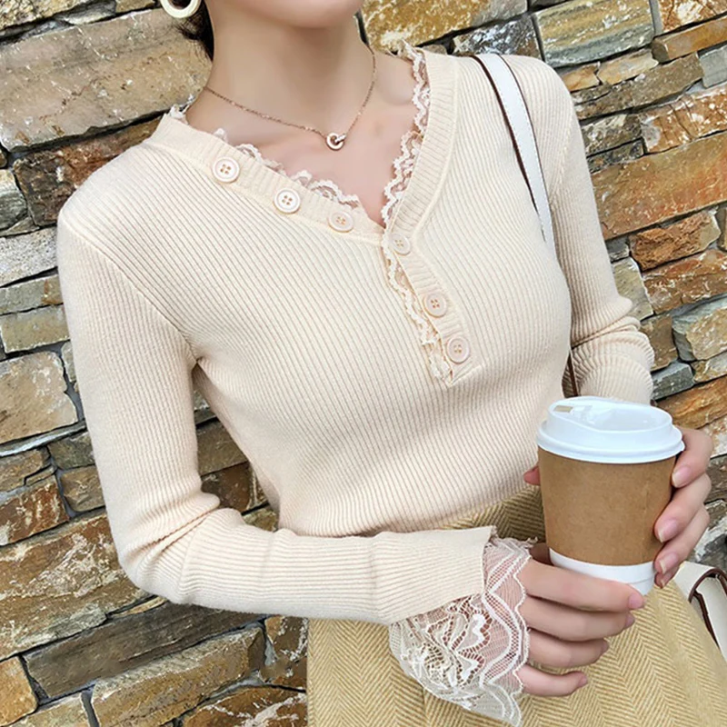 Sexy Women Hollow out Diamond Sweater 2020 New Ladies elasticity Lace V-Neck Winter Pullovers Autumn Elegant Long sleeve Jumpers | Женская