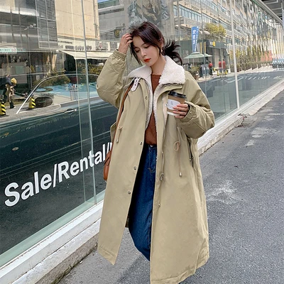 khaki Denim Patchwork Jacket Women Autumn and Winter New Loose Long Parker Jackets Thicken Warm Denim Jacket Femme Chaquetaf2070 - Цвет: khaki