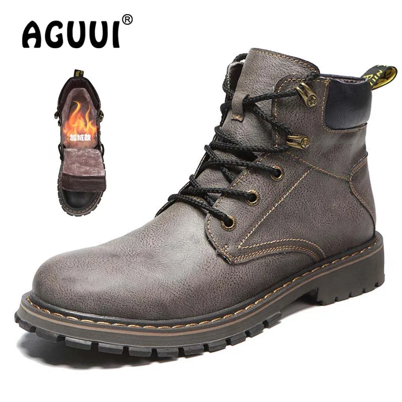 Gray with Plush Ботинки martin; размеры 38-46; мужские зимние ботинки из коровьей кожи в байкерском стиле; рабочие и безопасные ботинки; нескользящие уличные ботинки - Цвет: Gray with Plush