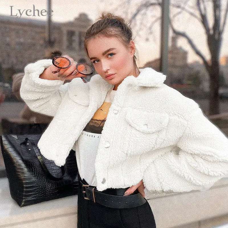 Lychee Harajuku, одноцветное женское Укороченное пальто, топ с двойным карманом и пуговицами, женские куртки, повседневные теплые зимние женские пальто, топы