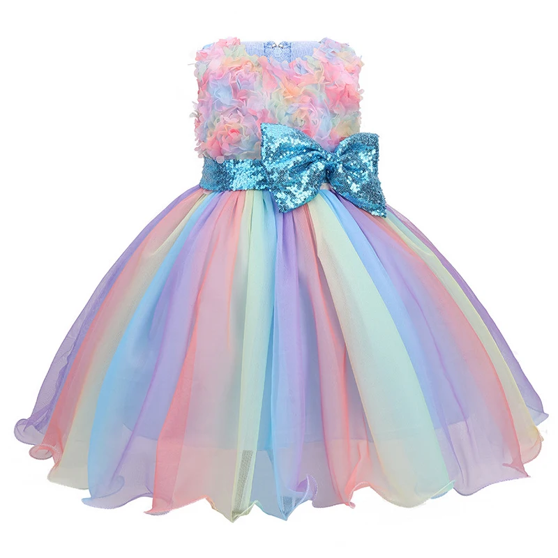 High Quality Summer Girls Dress Rainbow Mesh Bow Birthday Party Dance Costume Little Princess Dress Kids Clothes 1-10 Years Old
