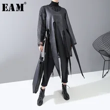 [EAM] женское черное Сетчатое асимметричное кожаное платье, новинка, круглый вырез, длинный рукав, свободный крой, мода, весна-осень 1N253