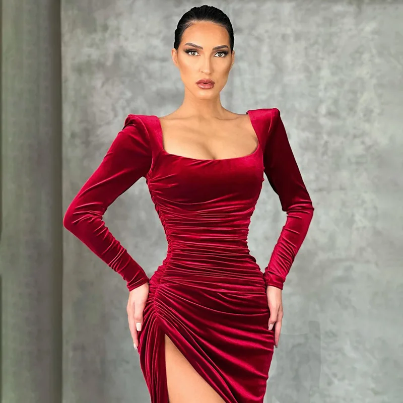 Rotes samtkleid langarm Clearance