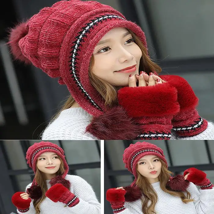 Унисекс Мода сплошной мягкий зимний теплый Hairball держать из двух частей Beanie шляпа половина пальца перчатки Набор Открытый