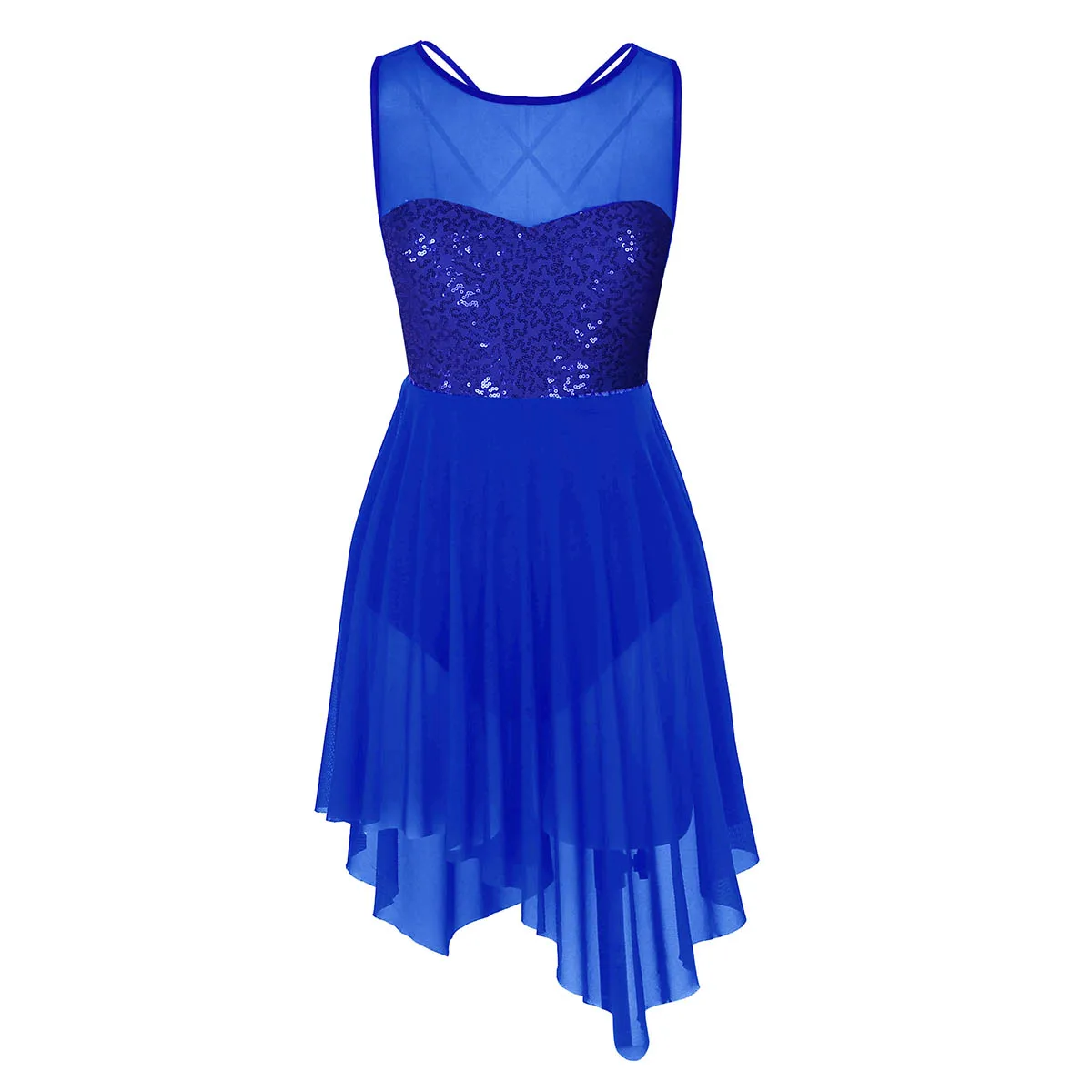 Women Shiny Sequins Asymmetrical Mesh Ballet Figure Skating Dress Adult Gymnastics Leotard Performance Lyrical Dance Costumes