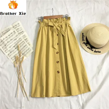 

2020 New Summer Women High Waist Skirts Casual Sash Tie Up Single Breasted A-line Skirt Elastic Waist Slim Knee-length Skirt