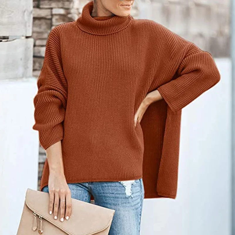 Diwish Plus Size Women Knit Sweater Turtleneck Pullover Coffee Bat Shirt Solid Girls Sweaters Grey Autumn Cloak Polyester | Женская