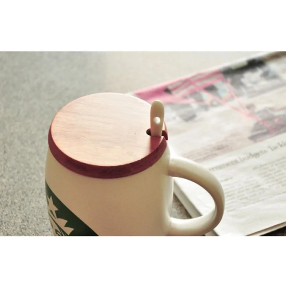 Practical Bamboo Wood Lid Mug Cover Spoon Hole Coffee Glass Drink Cup Jar P3 