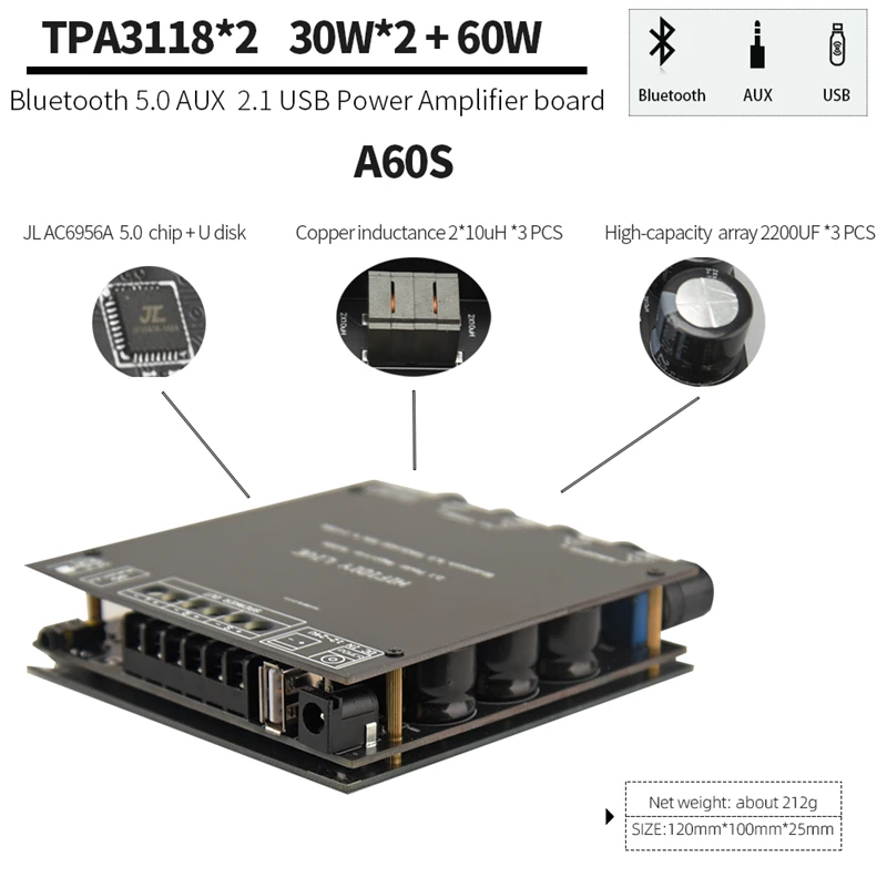 Canais de Potência 50wx2 + 100w Hifidiy Bluetooth Áudio Estéreo Subwoofer Amplificador Placa Agudos Graves Nota Tuning Amp S100l 5.0 2.1 - Image 3