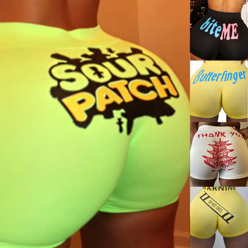 Womens Letters Pagoda Graffiti Print Shorts High Waist Sport Hot Outdoor Running Beach Lounge Skinny Leggings