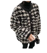 

Donsignet Winter New Fashion Long Sleeve Single Breasted Thick Loose Houndstooth Short Coats and Jackets Women