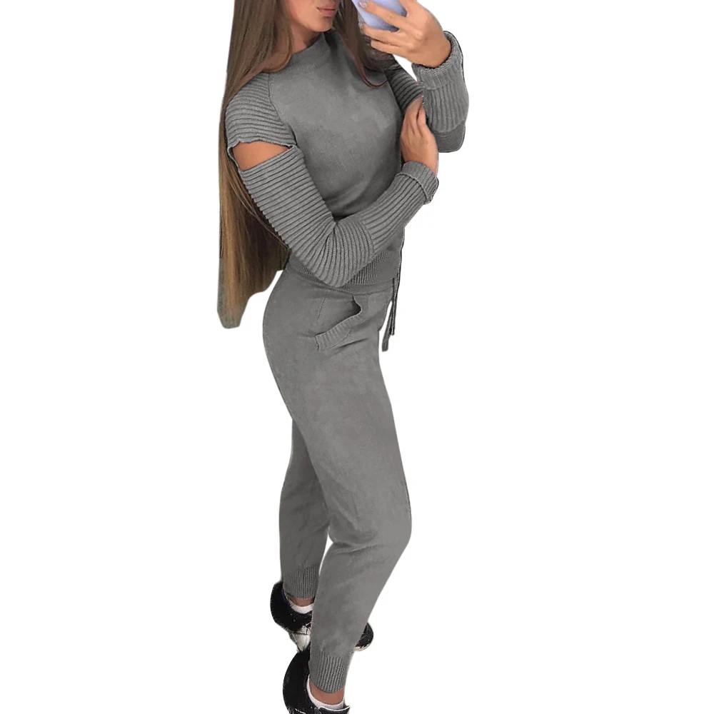 WENYUJH, Осенний вязаный женский спортивный костюм, комплекты из 2 предметов, пуловер с открытыми плечами и рукавами, топ, трикотажные штаны, повседневный трикотажный спортивный костюм - Цвет: Grey