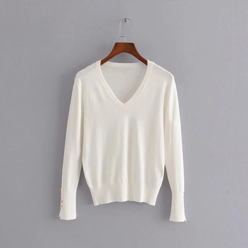 

Solid V-Neck Pullovers Cufflinks Sweater Spring Autumn Women Simple Sexy Basic Full Sleeve Knitted Sweater Slim Tops