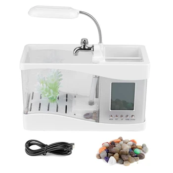 

Aquarium USB Mini Aquarium Fish Tank Aquarium with LED Lamp Light LCD Display Screen and Clock Fish Tank White