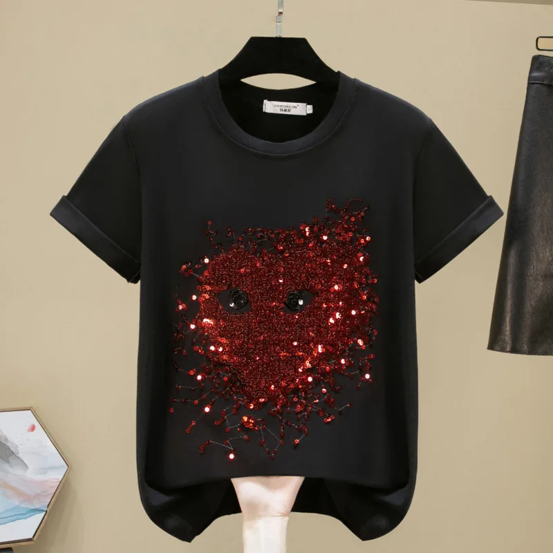 

Casual Women Sequin T Shirt 2021 Women Personality T Shirt Female Round Neck Short Sleeve T Shirt Z648