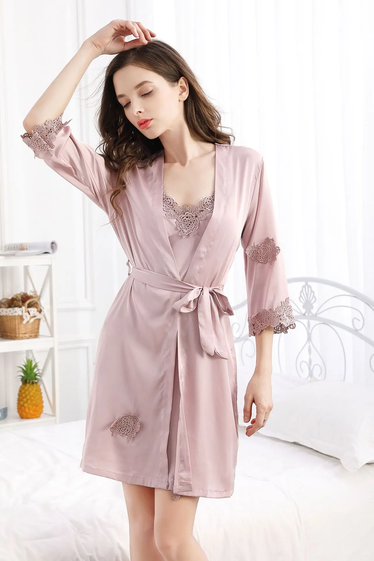 Summer New 2 Pcs Set Women Pyjama Solid Color High Quality Lace Sexy Sleepwear With Chest Pad Pajamas
