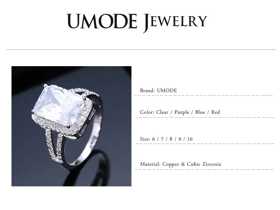UMODE, роскошные брендовые Свадебные Кольца для женщин, квадратное кольцо с кубическим цирконием и кристаллами, женские Роскошные вечерние ювелирные изделия, подарки на помолвку UR0592