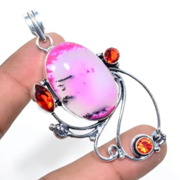 

Dendrite Opal,Garnets Pendant Silver Overlay over Copper ,78mm, FRP0127