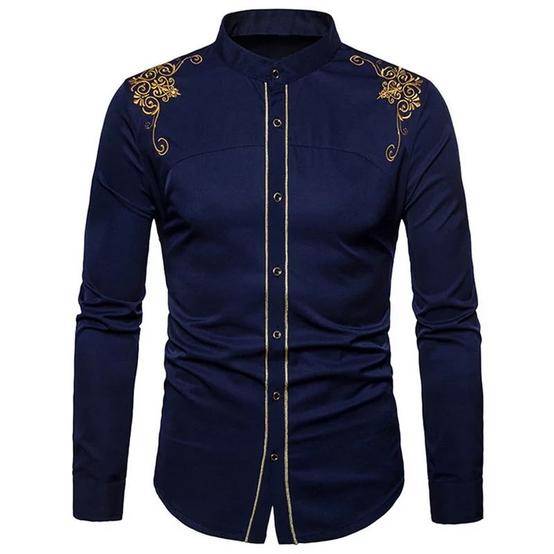 NavyBlue Adisputent мужские официальные рубашки с длинным рукавом Роскошные Блестящие модные металлические рубашки для мужчин размера плюс ночной клуб Homme Chemise - Цвет: NavyBlue